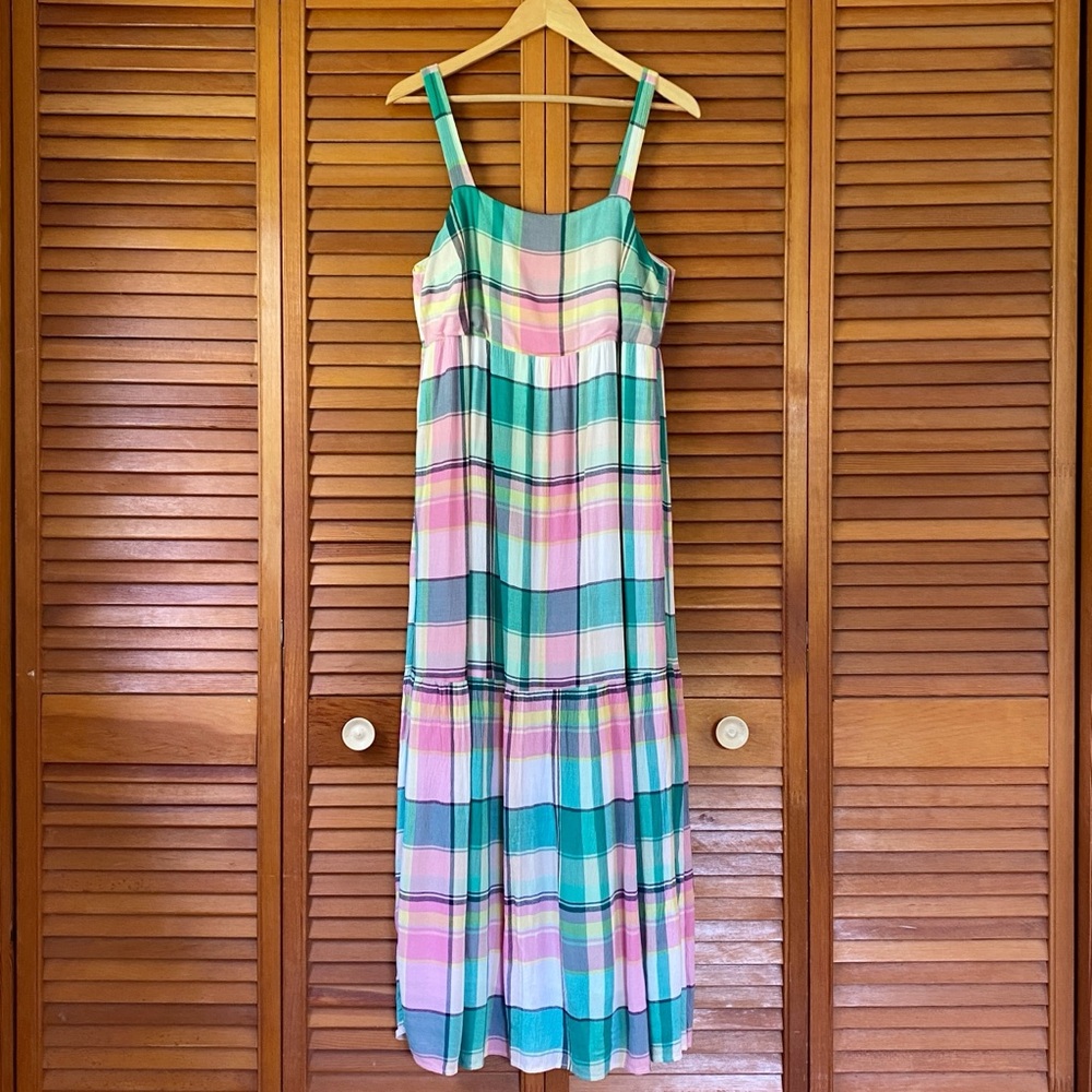 LOFT Dress Women's Petite Medium PM Maxi Tiered Sleeveless Plaid Lined Pockets